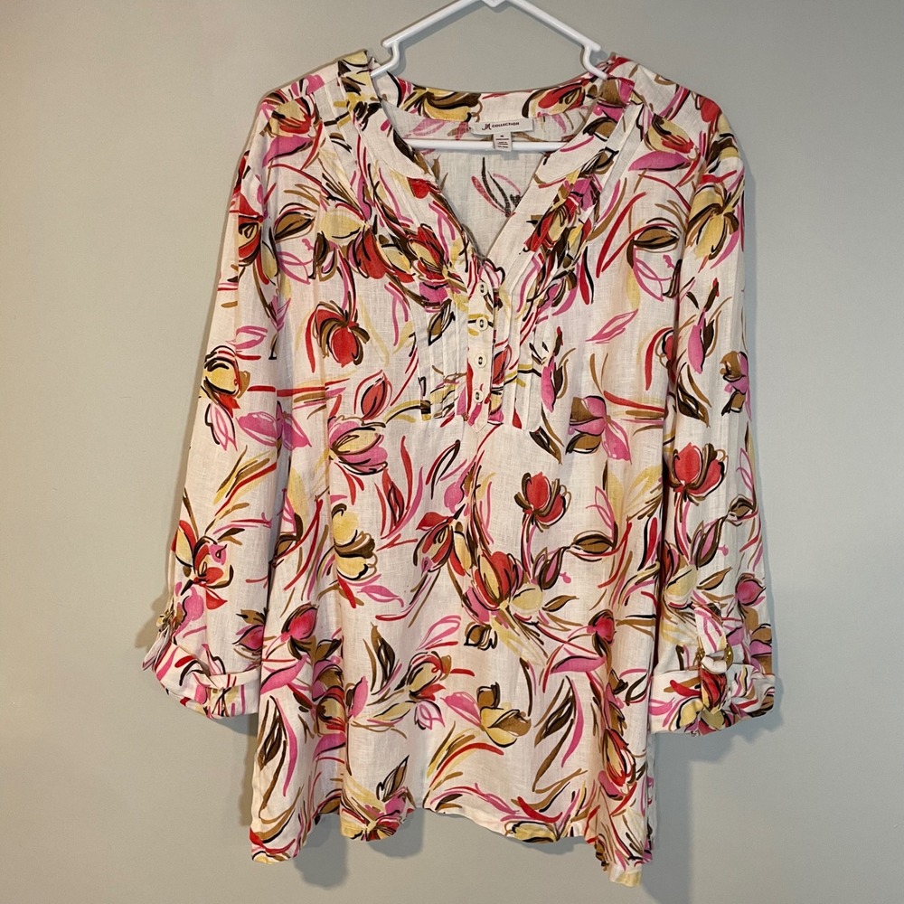 JM‎ Collection Womens 100% Linen Floral Tunic Top Pink Yellow 3/4 Sleeve Size 18
